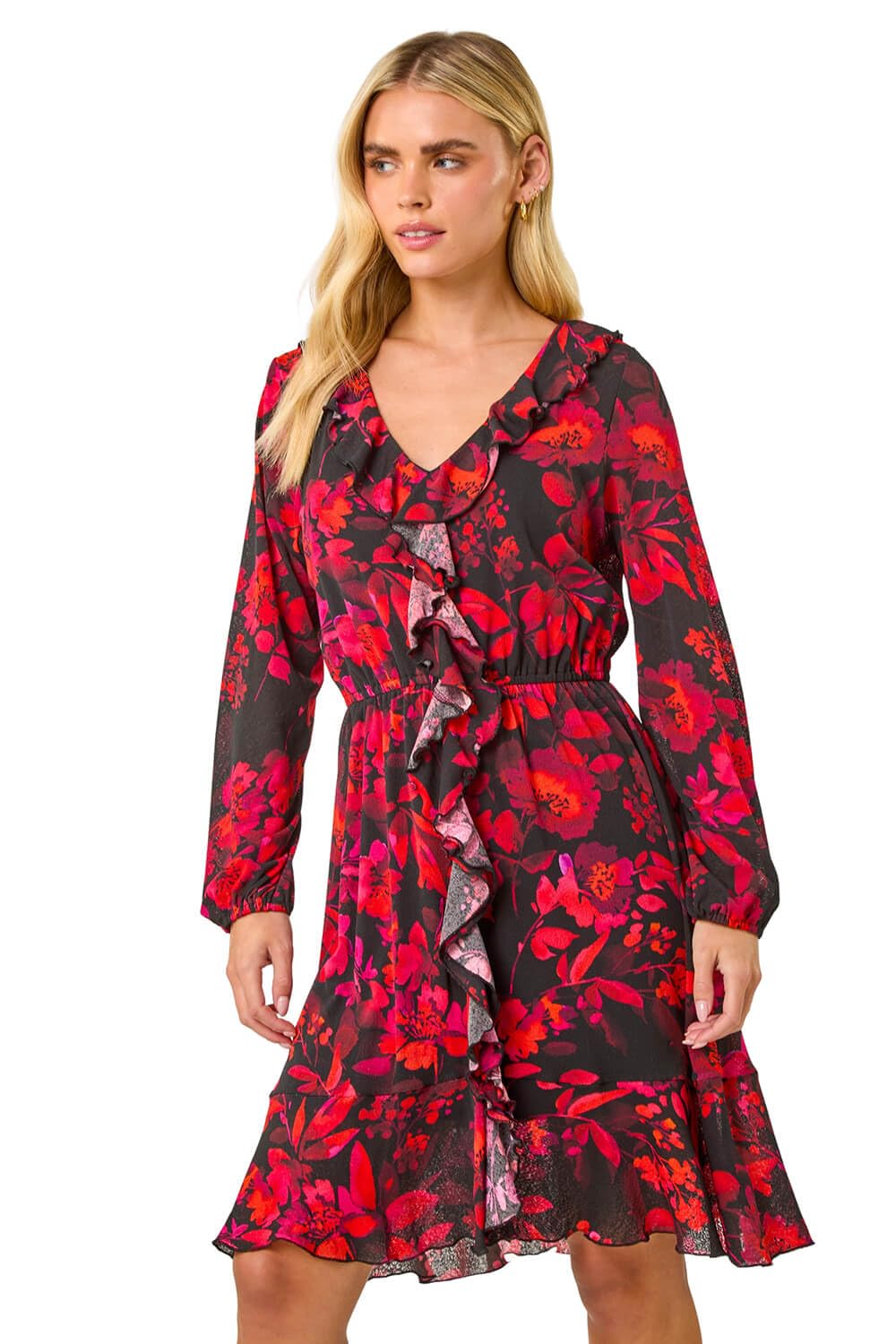 Roman Originals Women's Null Roman Petite Floral Frill Detail Dress For Uk - Everyday Autumn Winter V-Neckline Comfy Soft Evening Vacation Work Party Night Out - Petite Red - Size 14