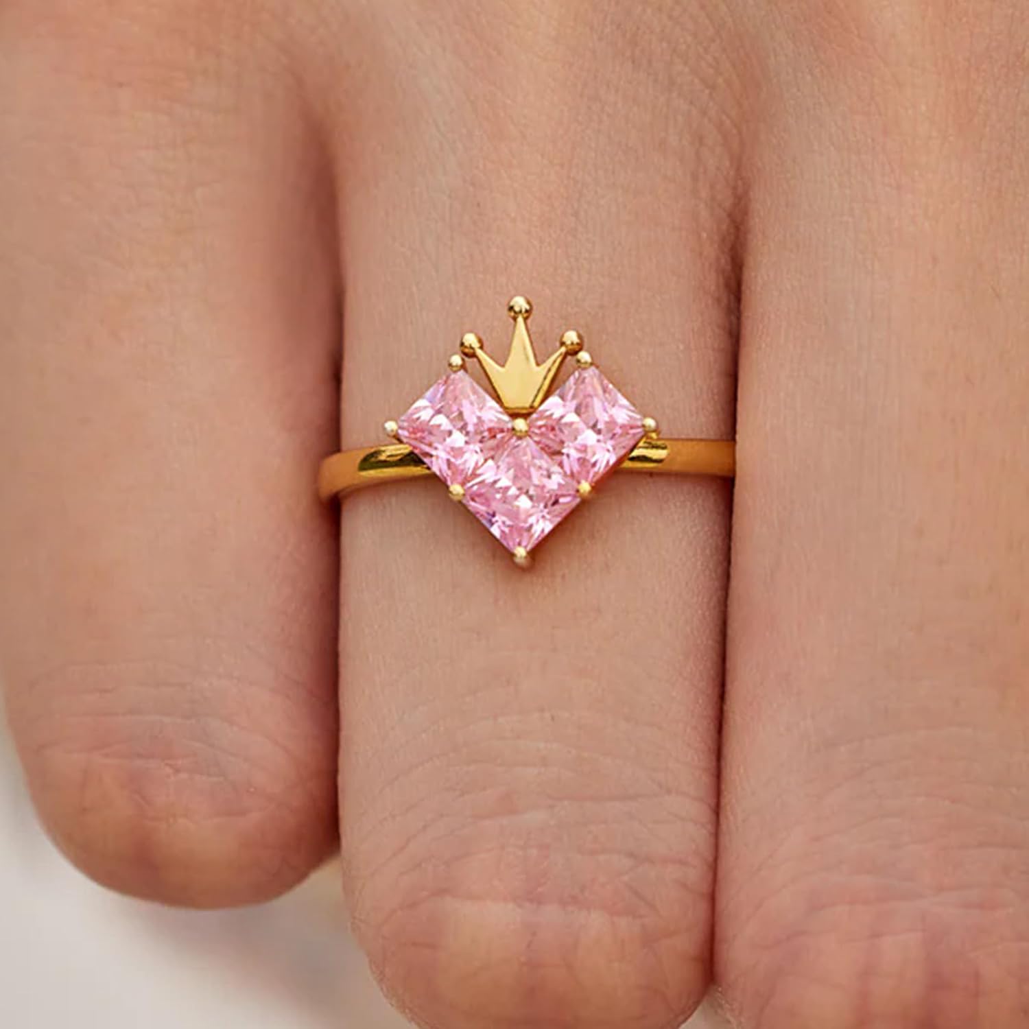Princess Heart Crown Ring for Women Mother 925 Sterling Silver Pink CZ LOVE From Mom Ring for Her 14K Gold Plated Dainty Crystal Queen Crown Rings Wedding Birthday Mother's Day Jewelry
