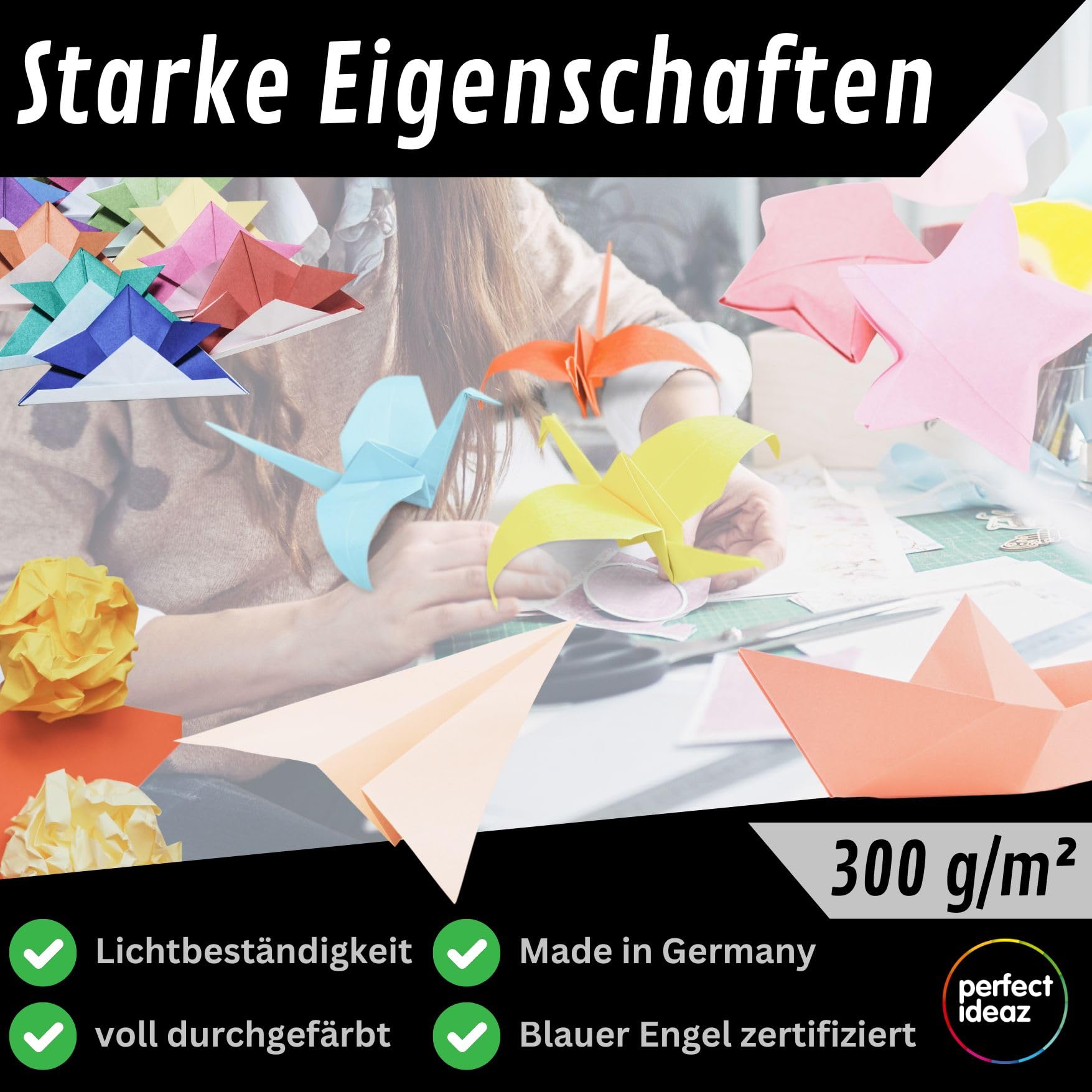 perfect ideaz 50 hojas de cartón fotográfico DIN A2, 10 colores, cartón reciclado estable de 300 g/m², fabricado en Alemania, certificado Blauer Engel