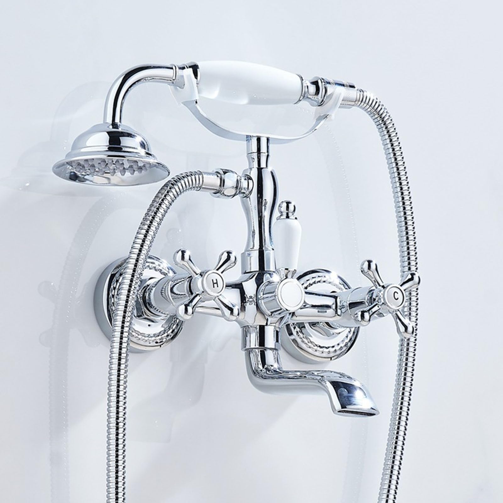 Grifo de Ducha Empotrado Vintage Grifo Bañera y Ducha Doble Cruz Mando de Laton Cromado
