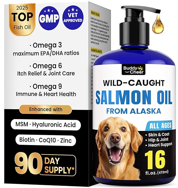 Wild Alaskan Salmon Oil for Dogs & Cats  Fast-Absorbing Fish Oil for Dogs with Krill Oil, Omega 3 6 9 Fish Oil Supplement from 8 Deep Sea Fishs for Skin, Coat, Joints & Heart -16oz (90 Day Supply)
