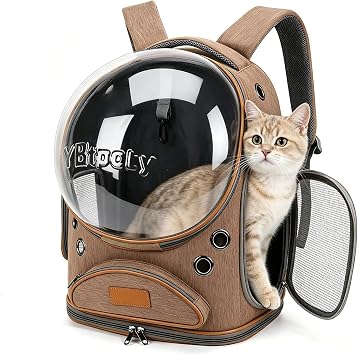 Cat Backpack Carrier, Breathable Cat Carrier Large Space Bubble Pet Backpack for Small Dog and Large cat up to 18lbs, Transparent & Foldable Pet Carrier for Travel Hiking Brown