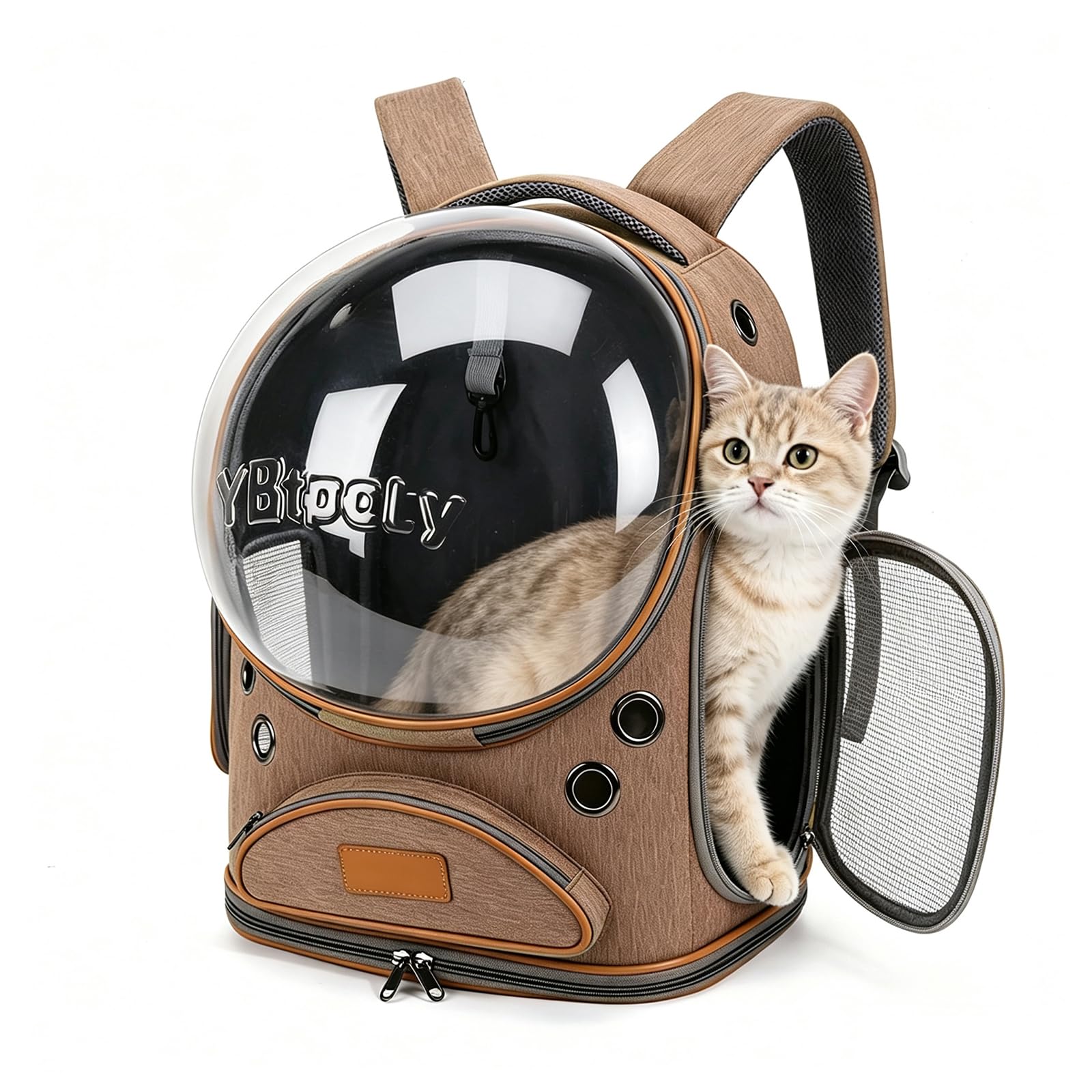 Zaino per gatti, traspirante, con bolle spaziali, per cani di piccola taglia fino a 7,3 kg, trasparente e pieghevole, per viaggi ed escursioni (marrone)