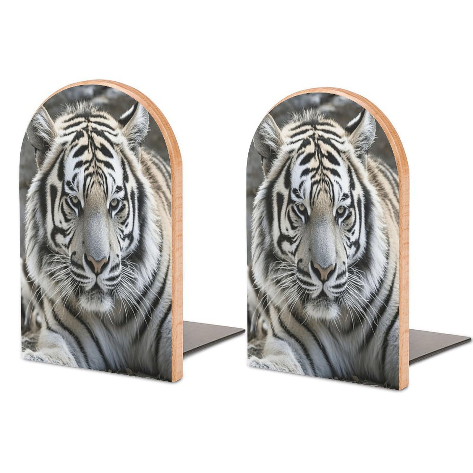 Black and White Tiger Bookend Wood Book End for Shelves Heavy Duty Non-Slip Wooden Bookend Support Universal Economy Bookends Fancy Modern Decorative Book Accessories 1 Pairs
