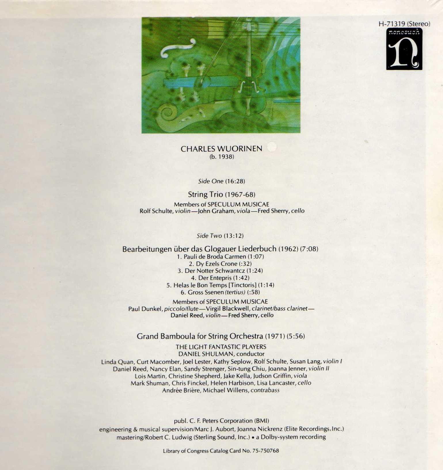 Wuorinen: String Trio / Bearbeitungen uber das Glogauer Liederbuch / Grand Bamboula