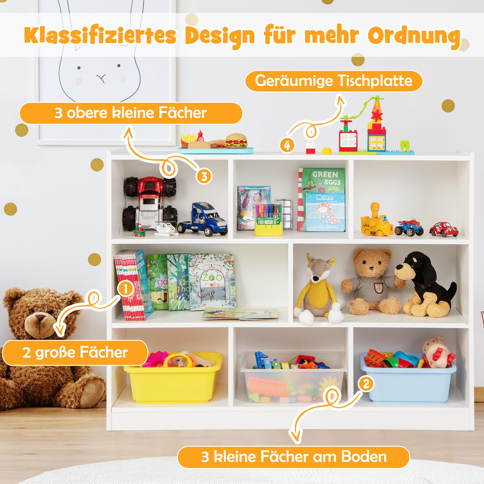 DREAMADE Kinderregal mit 8 Fächern, Bücherregal für Kinder aus Holz, Aufbewahrungsregal Spielzeugschrank Kinderzimmer Möbel, Spielzeugregal für Kinderzimmer Wohnzimmer, 122 x 32 x 93cm (Weiß)