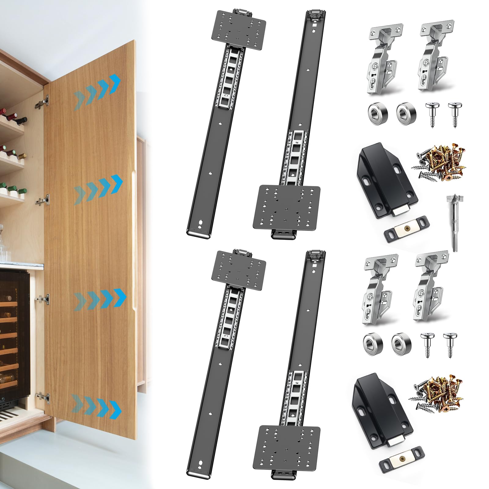 Taschentür-Hardware-Schieber für Schränke mit Scharnieren, magnetische, robuste Schieber, Hardware-Kit für Küchenmöbel und versenkte Türen, leiser einziehbarer Schrank-Rebounder, 55,9 cm, Set