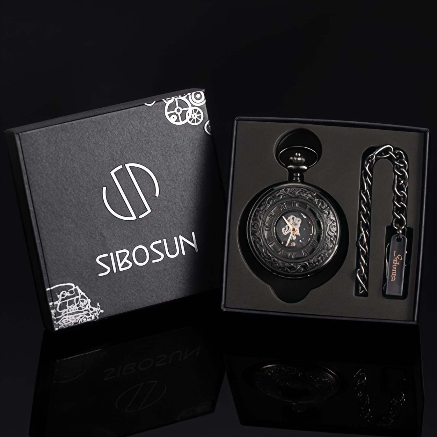 SIBOSUN Pocket Watch Mechanical Skeleton Steampunk Antique Pocket Watch with Chain and Box for Men Women Roman Numerals Dial