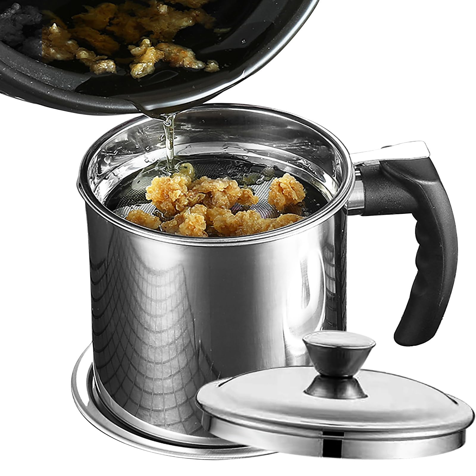 stainless steel grease containerwith fine mesh strainerwith lid and easy-grip handlefor kitchen storing frying cooking grease13l