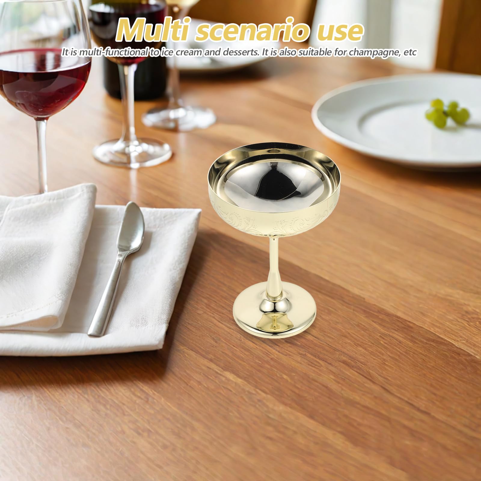 INOOMP Eisschale aus Edelstahl mit Fuß, Graviert, Gold, 1 Stück | Dessertbecher für Eis und Desserts, Isoliert gegen Wärme und Kälte, für Barpartys und Festtafeln