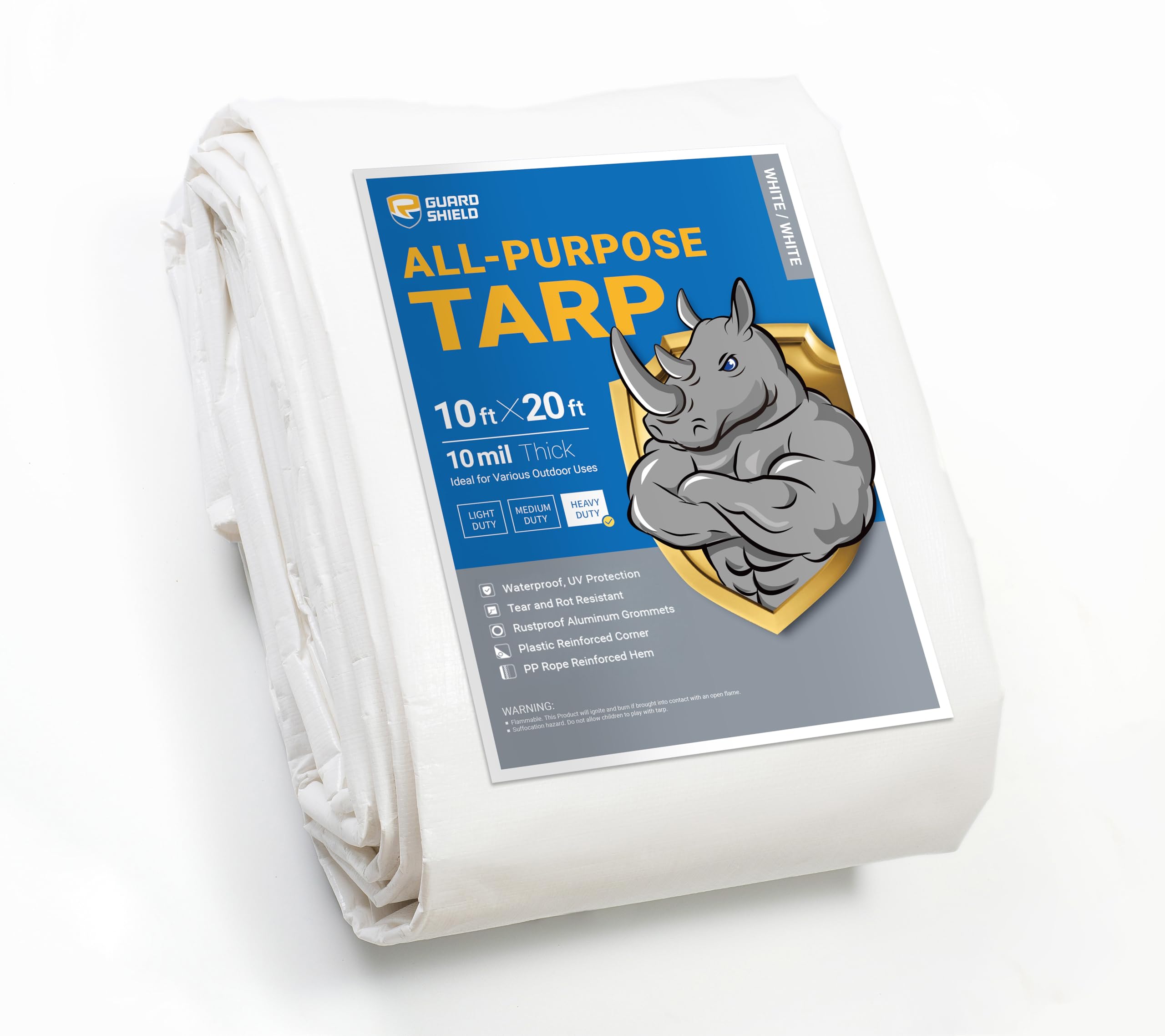 GUARD SHIELD Heavy Duty Tarp 10x20 Feet White Multi Purpose Thick Waterproof Poly Tarp Cover 10mil