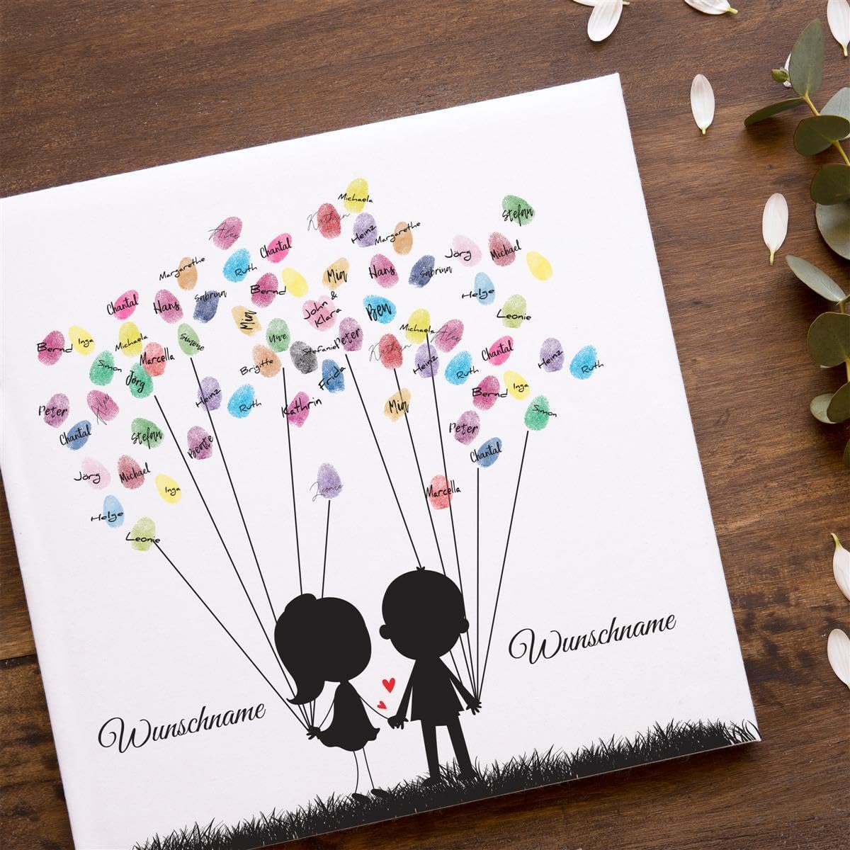 Madyes Płótno Ślub Odcisk palca Księga gości Spersonalizowana Sweet Couple dla młodej pary jako prezent, dekoracja ślubna, imiona z datą. 50 x 50 cm duży na blejtramie drewno