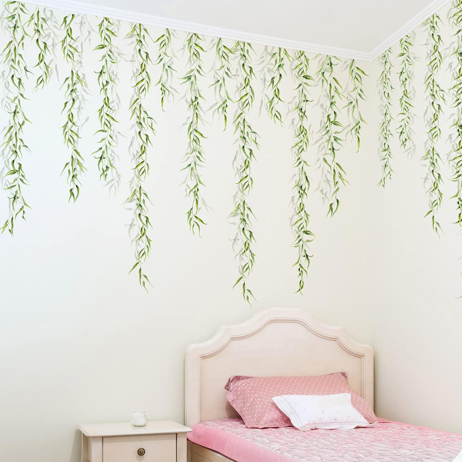 4 Sheets Hanging Willow Leaf Wall Decals Green Plants Wicker Wall Sticker DIY Removable Lifelike Willows Vine Wall Mural for Bedroom Kitchen Classroom Nursery Offices Closet Ceiling Home Decor