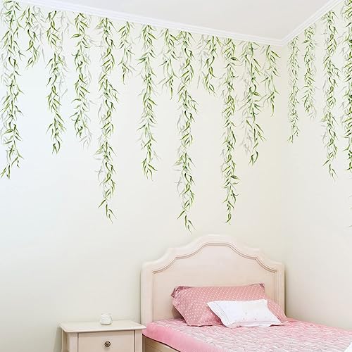 Miniatura 3 de 4 hojas colgantes de hojas de sauce, calcomanías de pared de mimbre con plantas verdes, calcomanías de pared de mimbre removibles realistas para