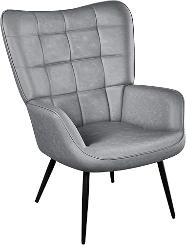 Miniatura 11 de Yaheetech Sillón de piel sintética, moderna silla de acento de estructura fuerte, sillas vintage de mediados de siglo con respaldo alto y patas de