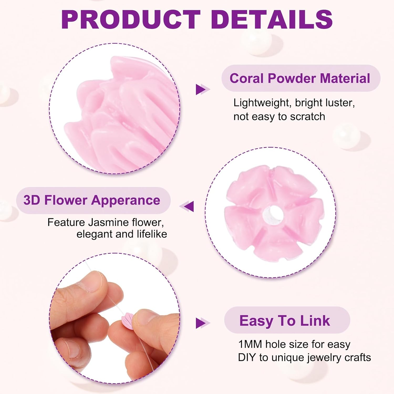 PATIKIL 100 Pcs Coral Flower Beads, 9x7mm Artificial Jasmine Flower Shell Floral Spacer Beads for Jewelry Making DIY Crafts Necklace Bracelet Earring Accessories, Purple - Image 3