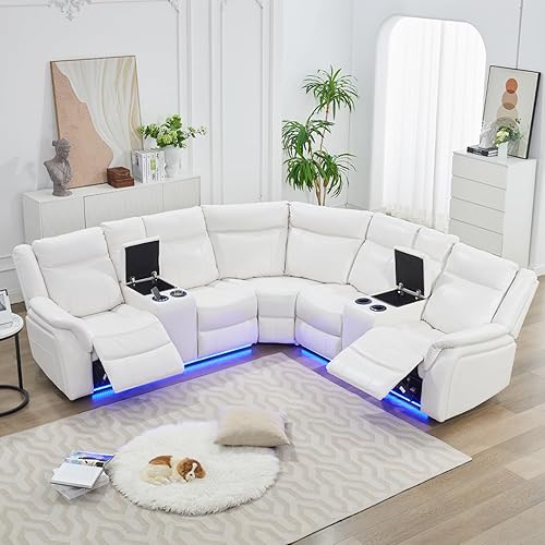 Power Recliner Sectional Sofa Couches with LED Lights for Living Room, Faux Leather Wall Hugger Reclining Corner Couch Sets with 2 Home Theater Seat, USB Charger, Cup Holder, Storage Console, White