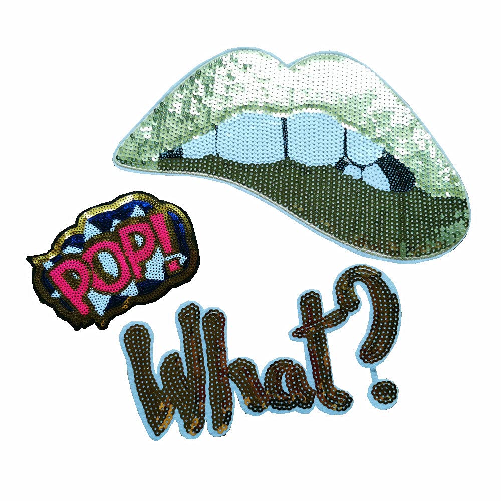 FEEPOP Pale Gold Lip Sequins Flower + Golden Blue POP Sequin Iron Patch Motif Superhero Comics Cartoon Decal (Color E)