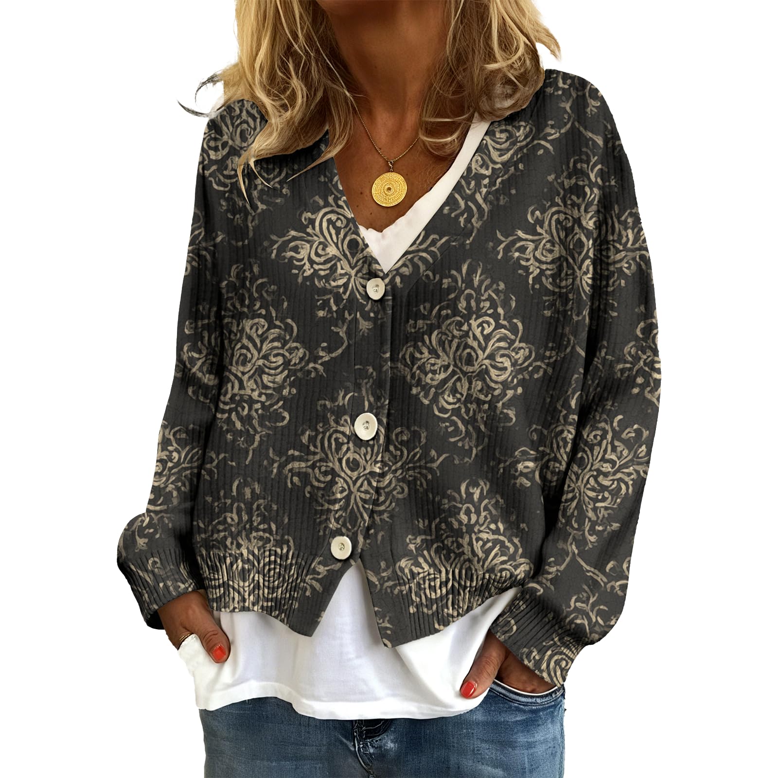 Boho Floral Cardigan Sweaters for Women Casual Long Sleeve V Neck Sweater Open Front Fall Knitted Button up