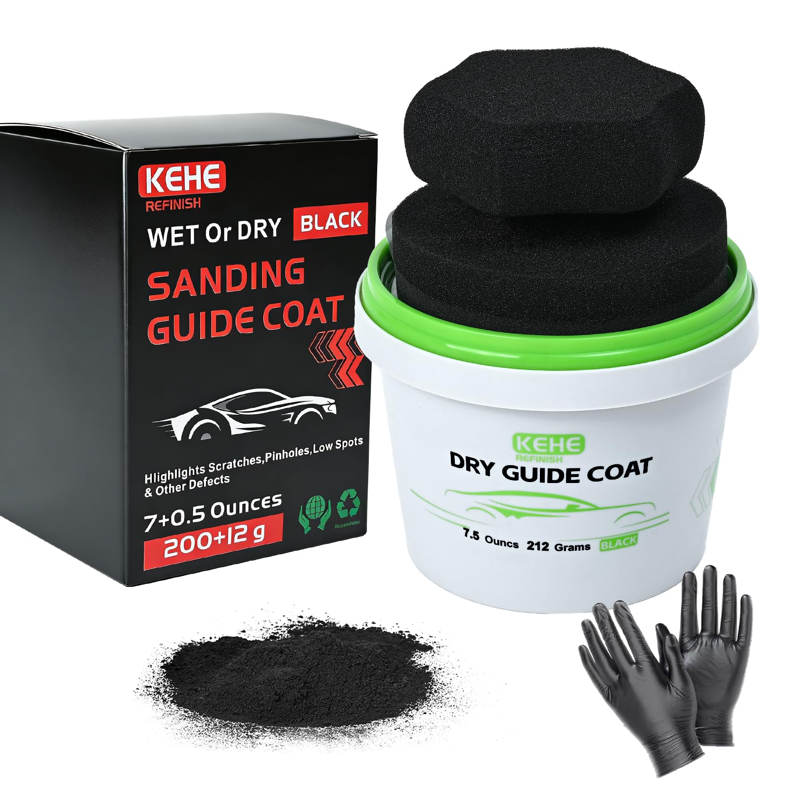 KEHE REFINISH 7.5 oz(212g) Black Dry Guide Coat Auto Body,Ultra-Fine Sanding Powder Coat Kit-Efficiently Detects Sanding Scratches, Pinholes in Body