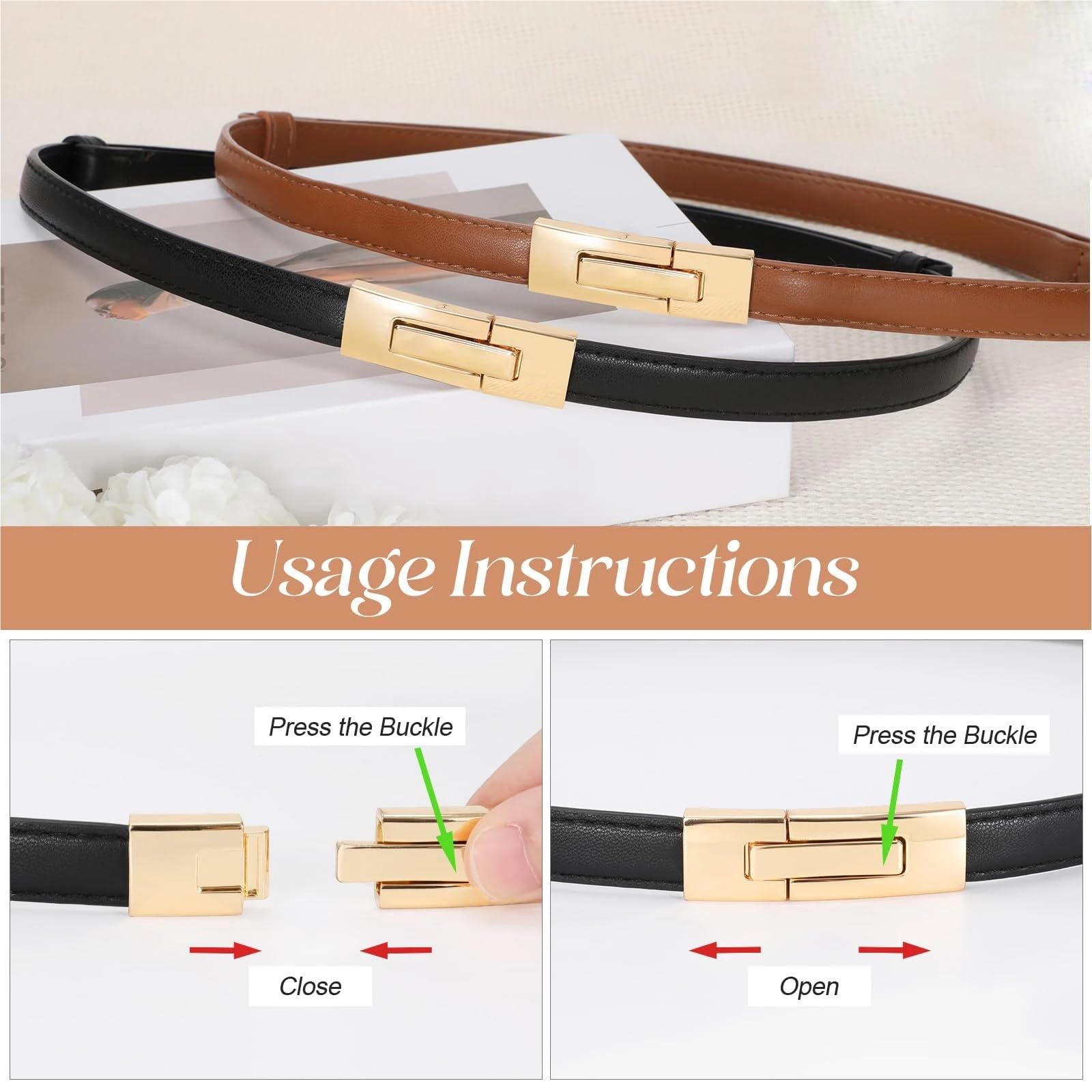 Lot de 2 ceintures en cuir pour femme, 1,8 cm de large, boucle de verrouillage dorée, pour robe, jeans, pull