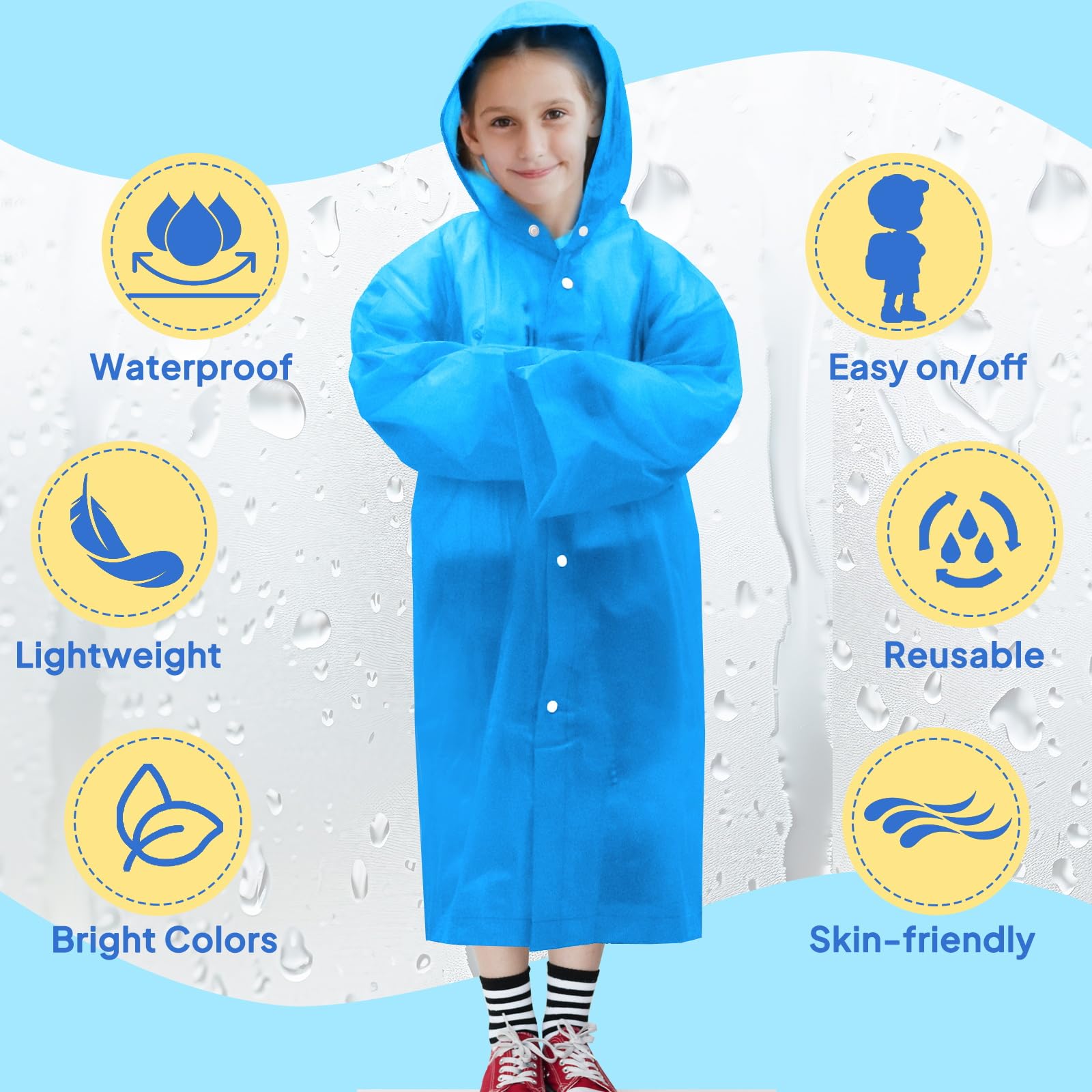 ANYOO Poncho de lluvia para niños con capucha, impermeable, ligero, reutilizable, para niños y niñas, para viajes de al aire libre, 110-150