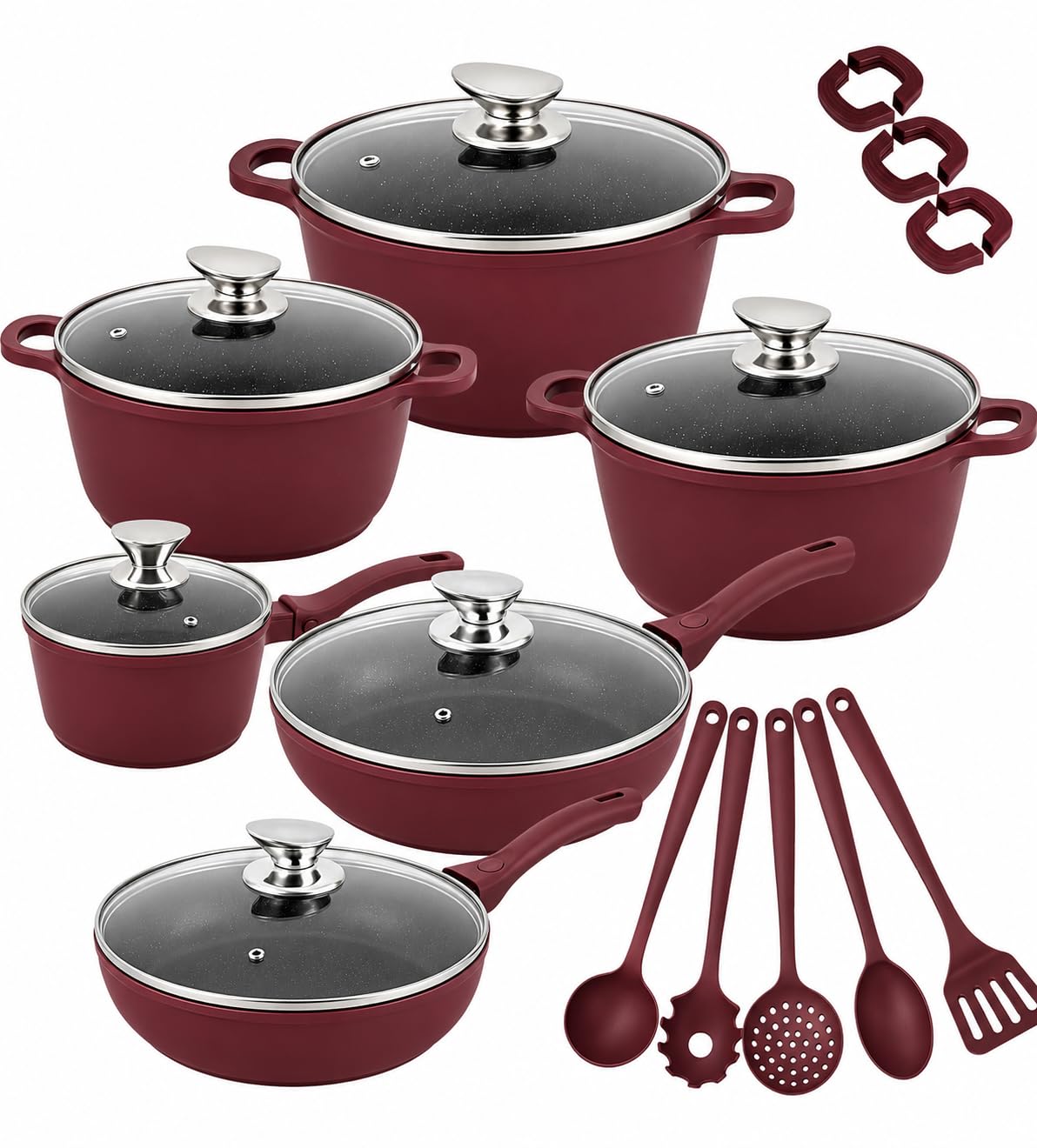 Set di Pentole 23 Pezzi Antiaderente con Coperchi in Vetro Batteria di Pentole e Padelle con Manici Removibili, Mestoli in Silicone Adatte a Tutti i Piani di Cottura, Induzione Inclusa (Rosso)