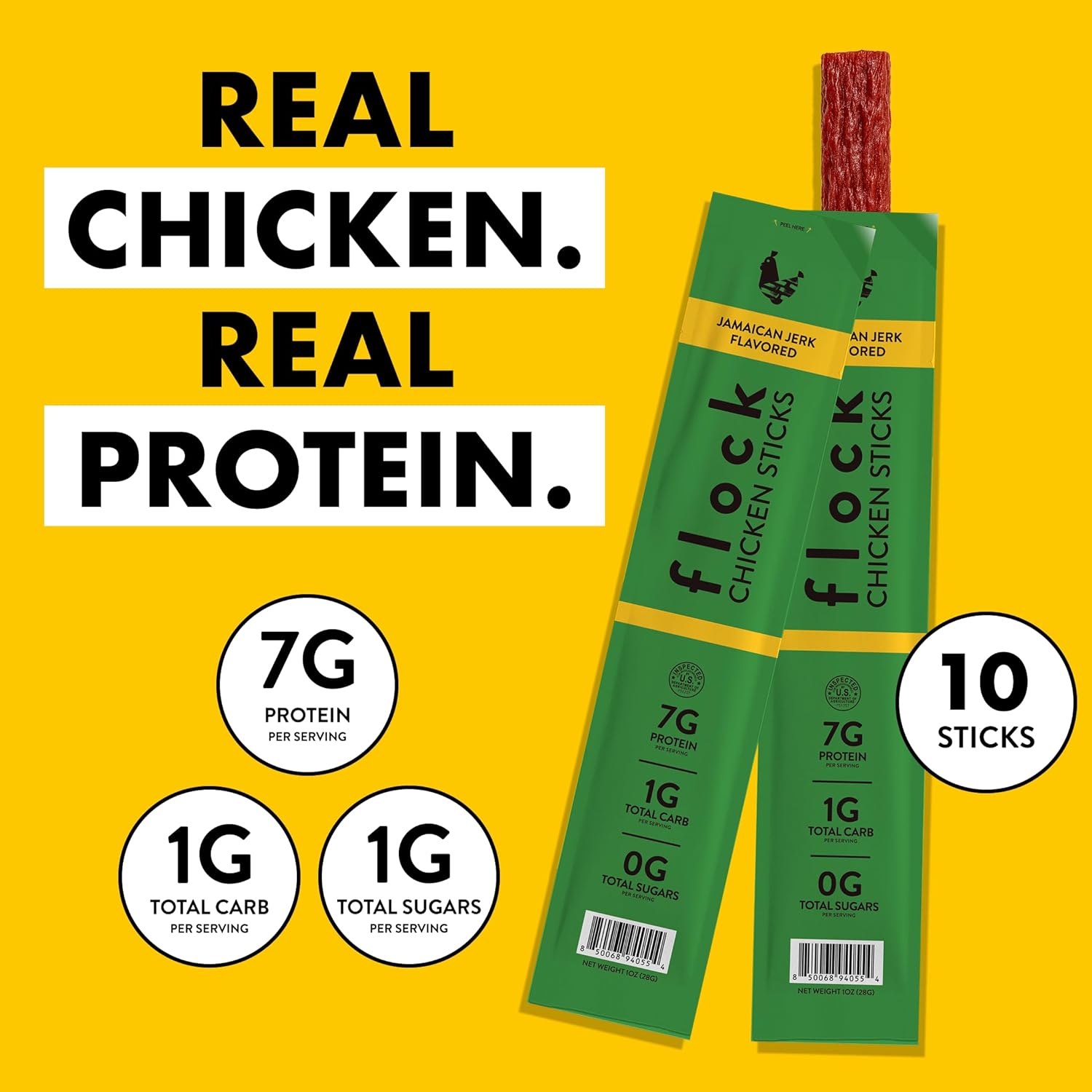 Flock Jamaican Jerk Chicken Meat Sticks 10 Count | GLP-1 Friendly High Protein Chicken Sticks 7g Protein | Healthy Meat Snacks Keto | Protein Meat Sticks Low Carb | Gluten Free Healthy Protein Snack