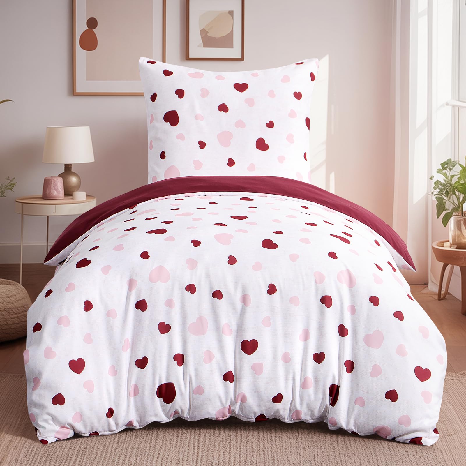 Aisbo Bettwäsche 155x220 Bettdeckenbezug - Bettwäsche Set 155 x 220 Herzen Rosa Rot Muster mit Kissenbezug 80x80 cm, Mikrofaser Bettbezug mit Reißverschluss, Bügelfrei und Weich