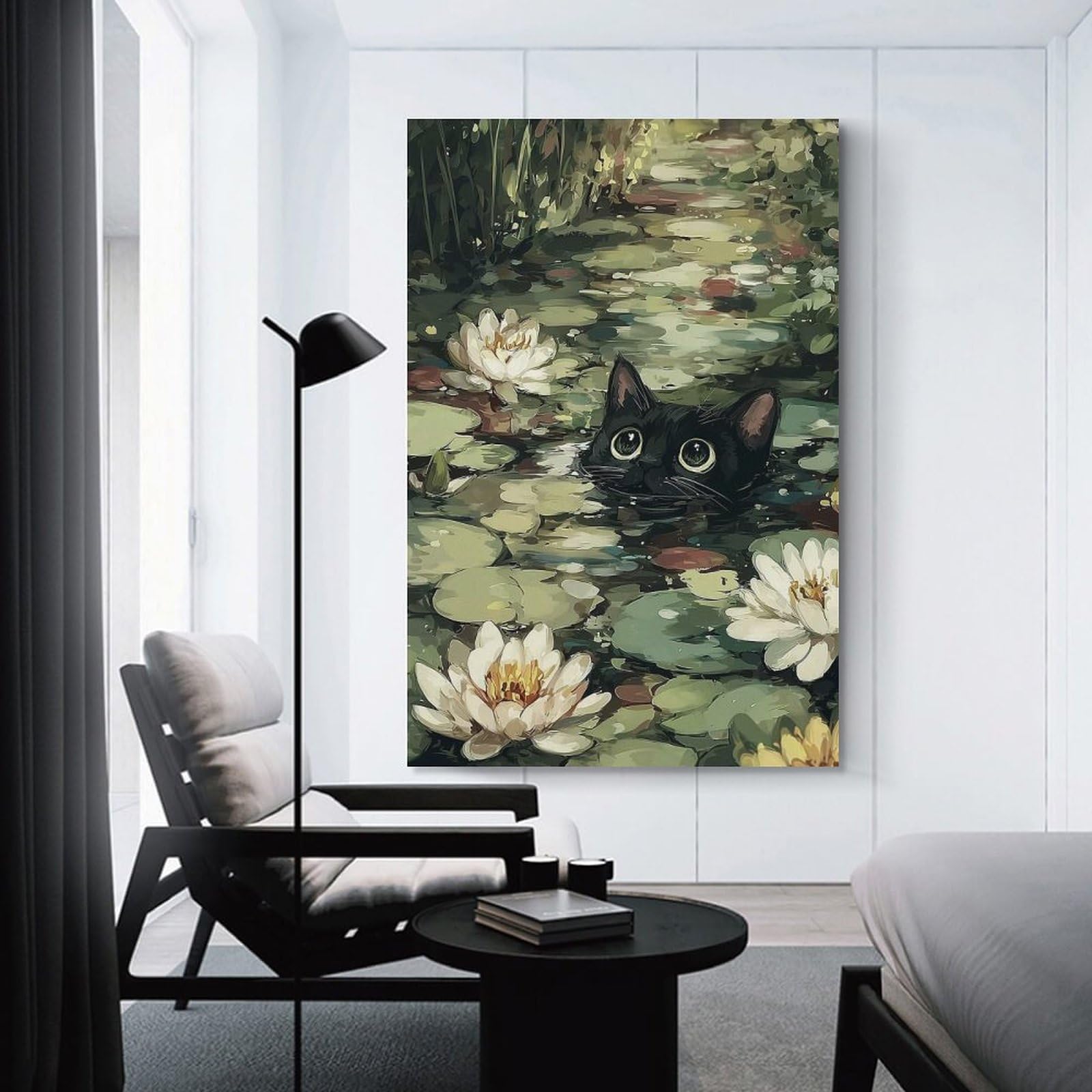 Junmoney Hanging Wall Art Black Cat in A Lily Pond, 12x18inch(30x45cm), for Living Room, Bedroom Or Apartment Walls, Decorative Artwork for Empty Walls