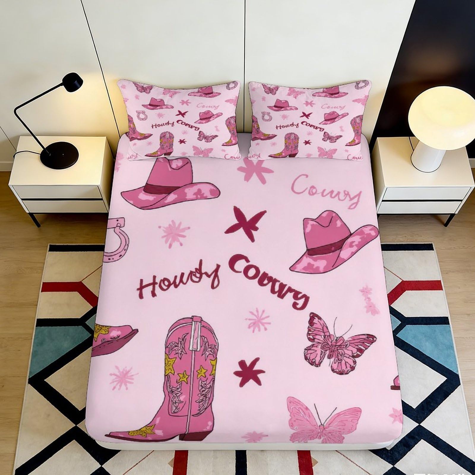 3D Printed Pink Cowboy Hat Fitted Sheet Microfiber Soft Breathable Butterfly Bed Cover for Bedroom Dormitory Guest Room Mattress Protection Decor 160x200x25cm