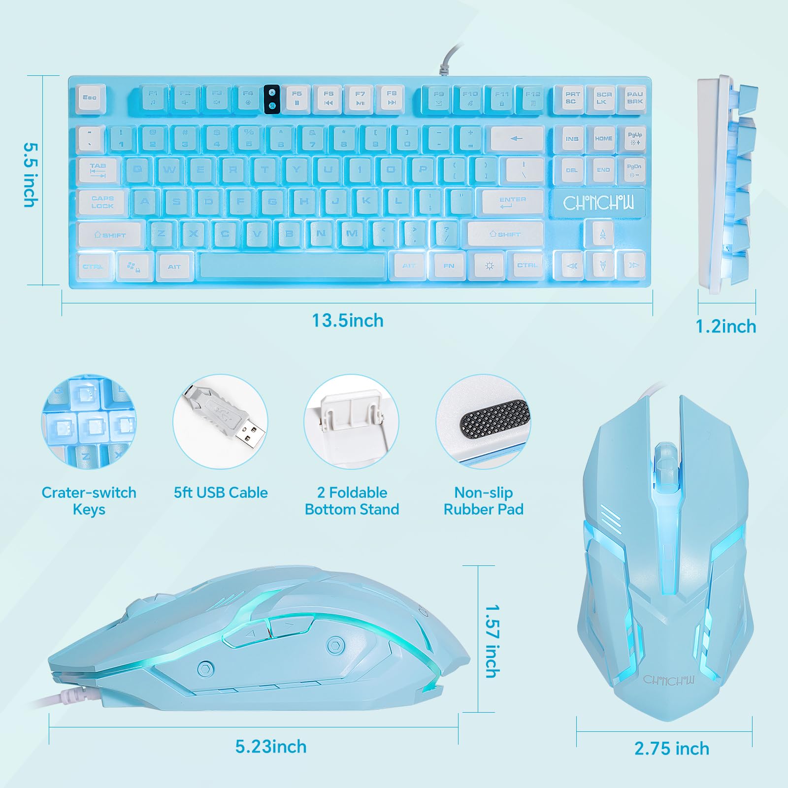 Teclado y mouse azules, 87 teclas TKL USB con cable LED retroiluminado | Ratón RGB de 800-3200 DPI, combo de mouse y teclado azul para PS4, PS5, PC, laptop, Mac
