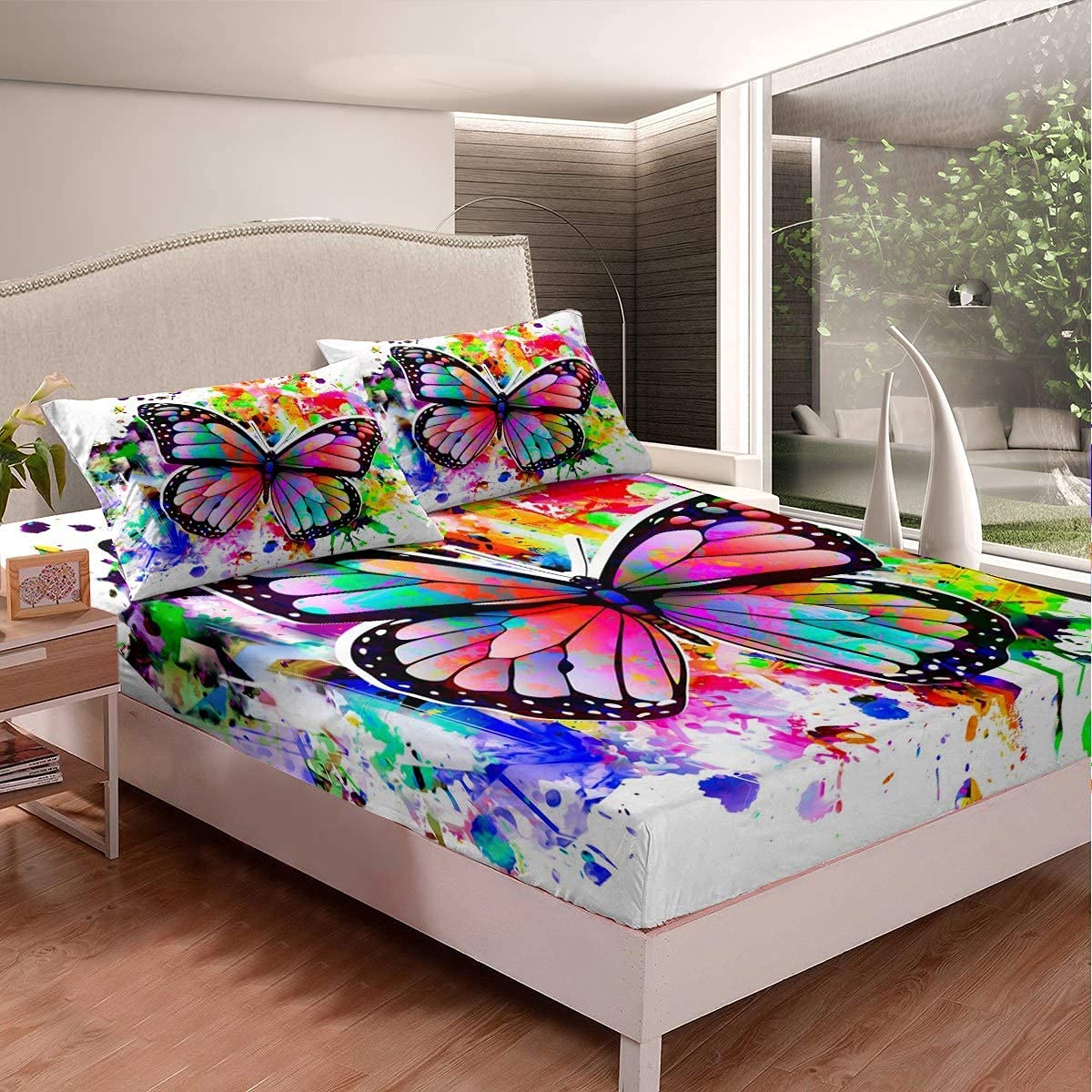 Set di biancheria da letto con motivo a farfalla, motivo floreale, per bambini, ragazzi, ragazze, fiori, piumone, insetti volanti, decorazione per la stanza, 3 pezzi, matrimoniale, cerniera