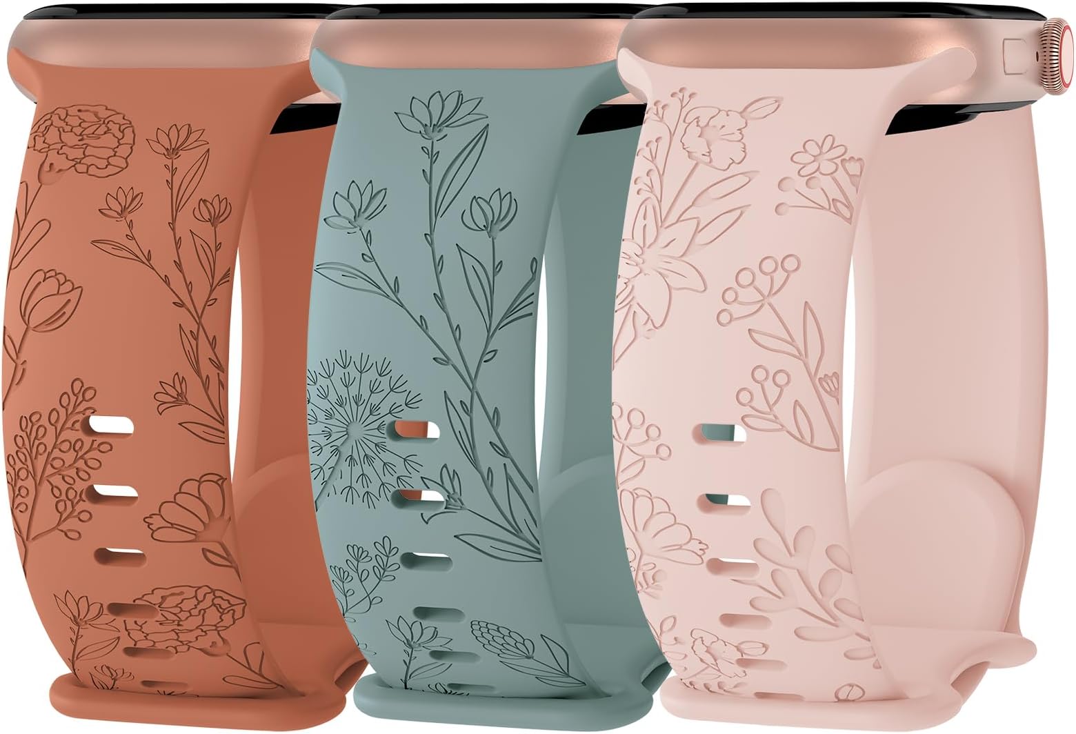 3 Pack Floral Engraved Silicone Bands Compatible with Apple Watch Band 38mm 40mm 41mm 42mm 44mm 45mm 49mm Women, Soft Sport Wildflower Strap for iWatch Ultra Series 9 8 SE 7 6 5 4 3 2 1