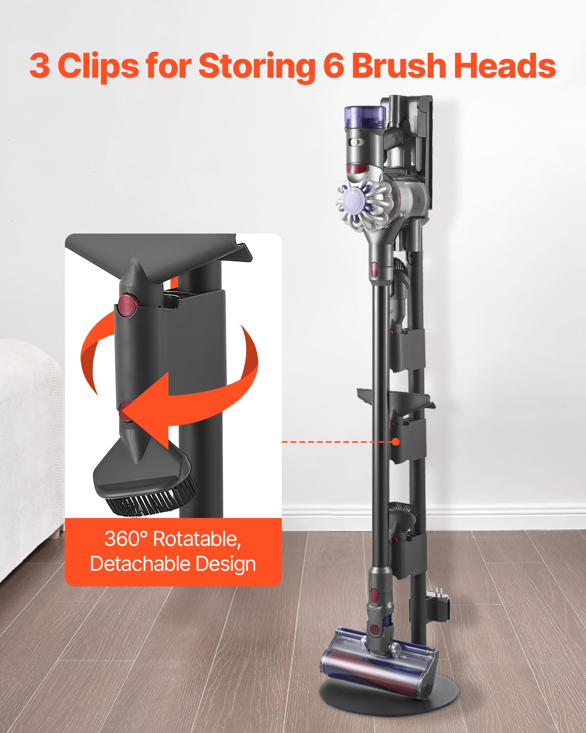 VEVOR Support d'Aspirateur pour Dyson V7, V8, V10, V11, V12, V15, Porte-aspirateur Vertical Stable avec Accessoires, 3 Clips de Rangement de Brosses, 4 Patins Antidérapants, pour Espaces Restreints
