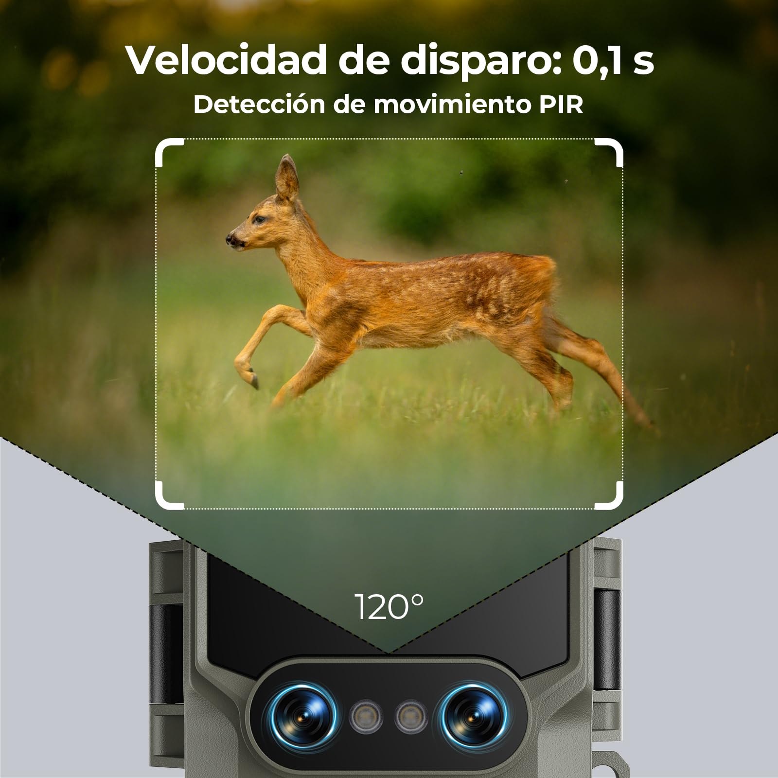 WOLFANG Cámara de Caza, Lente Dual Solar Cámara Fototrampeo 64MP 4K HD con Batería Interna de 5000mAh Ángulo de Detección de 120° Visión Nocturna Estrellada IP66 Impermeable con Tarjeta Micro SD 64GB
