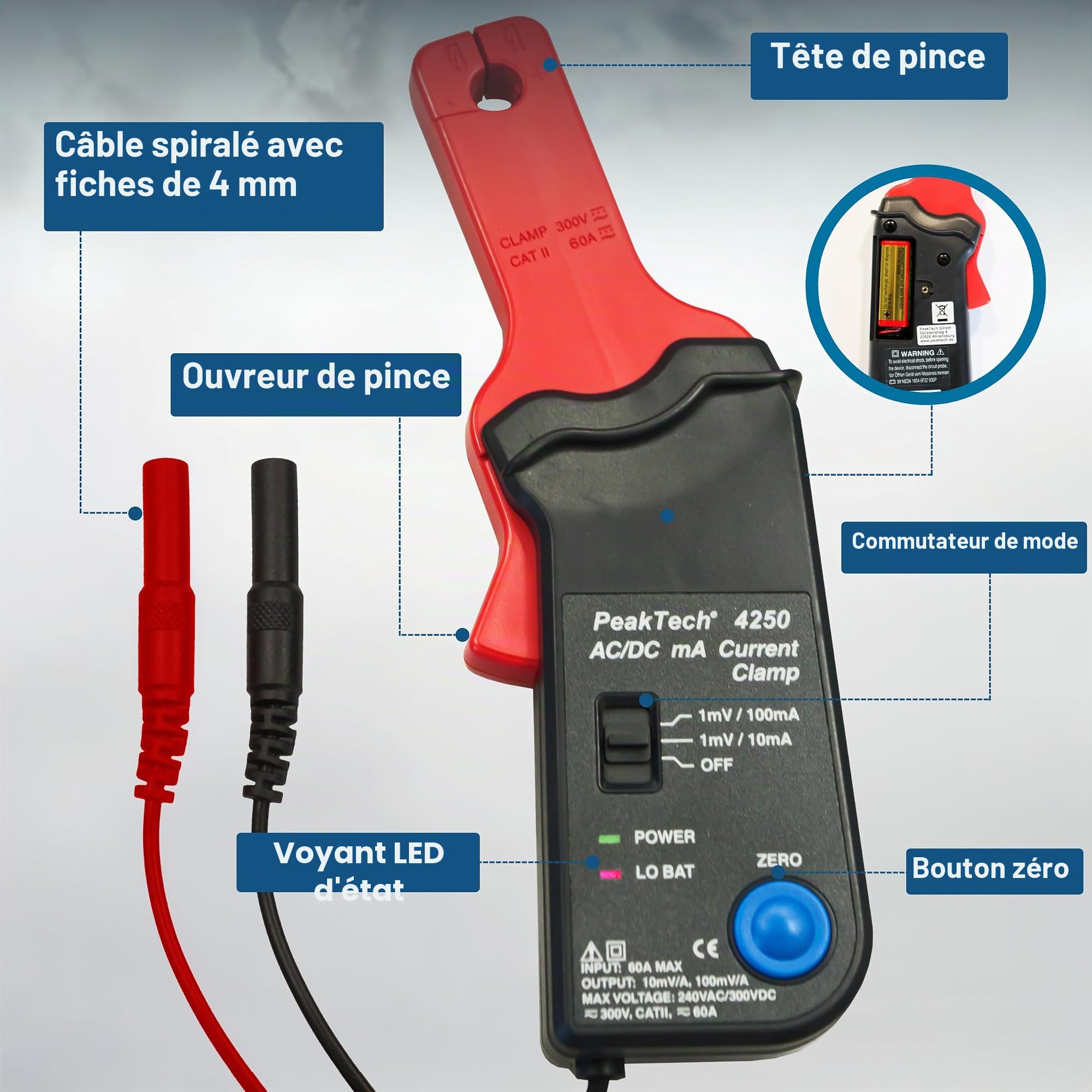 PeakTech P 4250 Adaptateur de pince de courant pour multimètre AC/DC avec fiches de 4 mm Réglage du zéro pour ampérométrie en courant continu