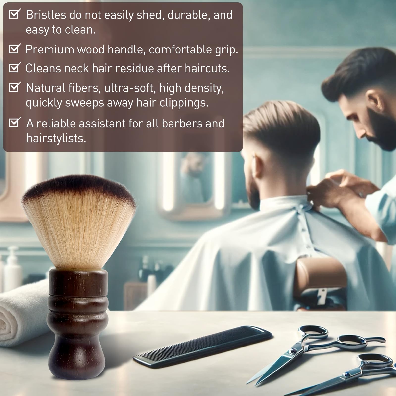 Jaasuee Large Neck Duster Soft Nylon Hair Barber Brush with Wooden Handle Face Cleaning Hairbrush for Haircuts and Styling Kits, Brown