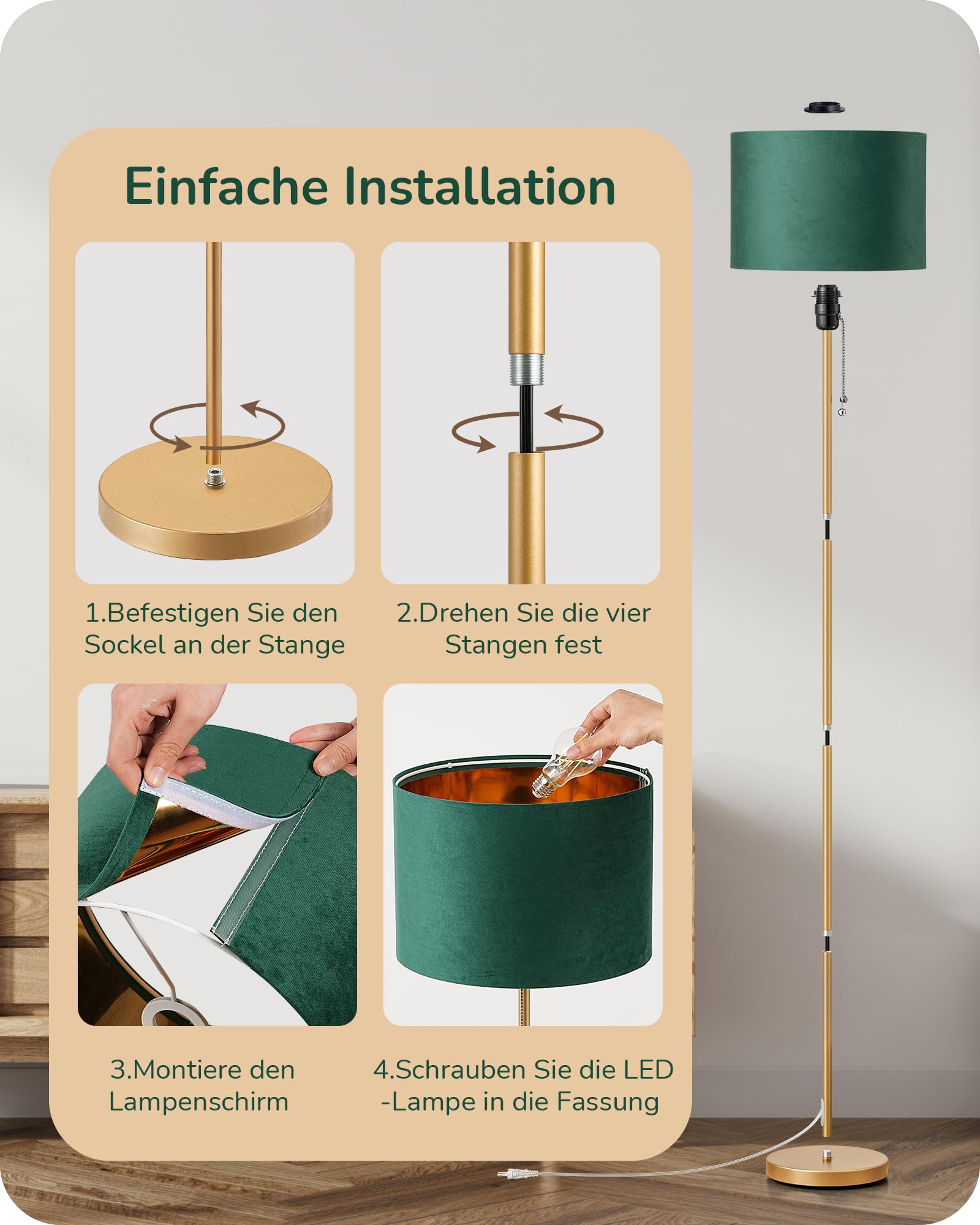 EDISHINE Stehlampe Wohnzimmer, Samt-Lampenschirm, Grün & Gold | Goldfarbenes Metallgestell, Vintage-Leselampe inkl. E27-LED-Leuchtmittel, 2700 K, für Schlafzimmer und Büro