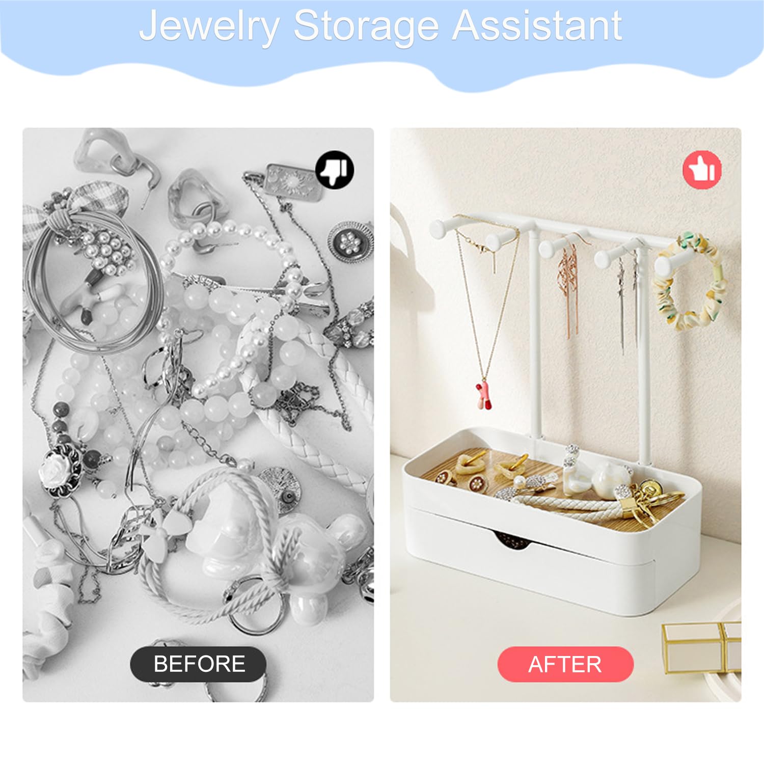 Kettenständer Schmuckständer mit Schubladen, Schmuckhalter mit Holz Aufbewahrungsbasis, Kompakt Schmuck Organizers mit 5 Haken, für Ketten & Armbänder,Ringe & Ohrringe, Elegantes Weiß