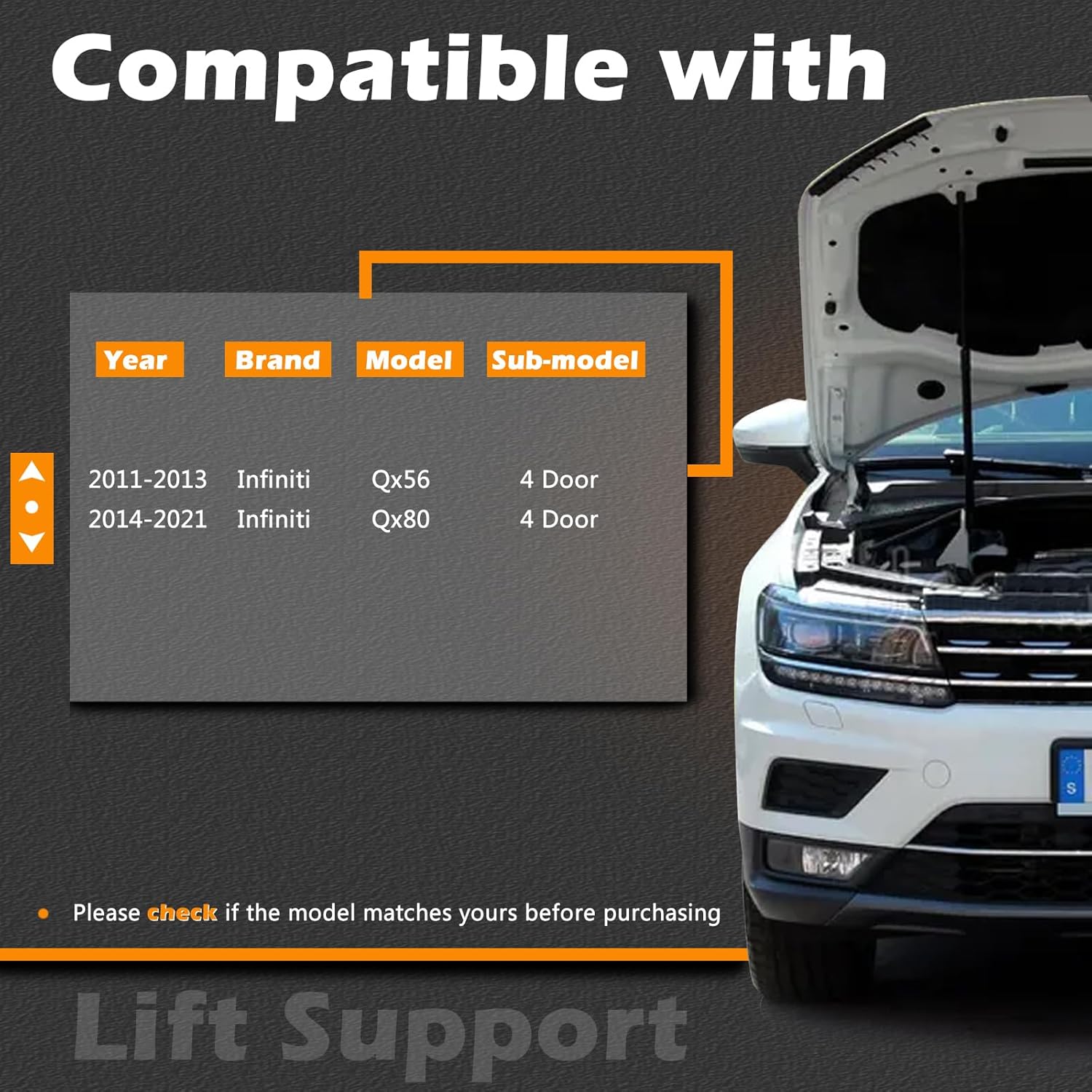 18.41 in 2Pcs Hood Lift Support Struts Gas Spring Shocks Rod Compatible with Infiniti 11-13 Qx56 / 14-21 Qx80 Replaces # E5C70-1LA0KNW 65470-1LA0A 65470-6GW0A (Note : 4 Door)