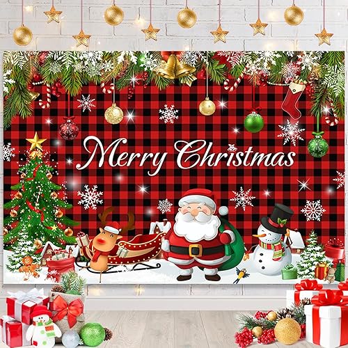 AIBIIN Telón de fondo de Navidad a cuadros de búfalo de 7 x 5 pies, decoración de fiesta de Feliz Navidad, árbol de Navidad, rojo y negro, a