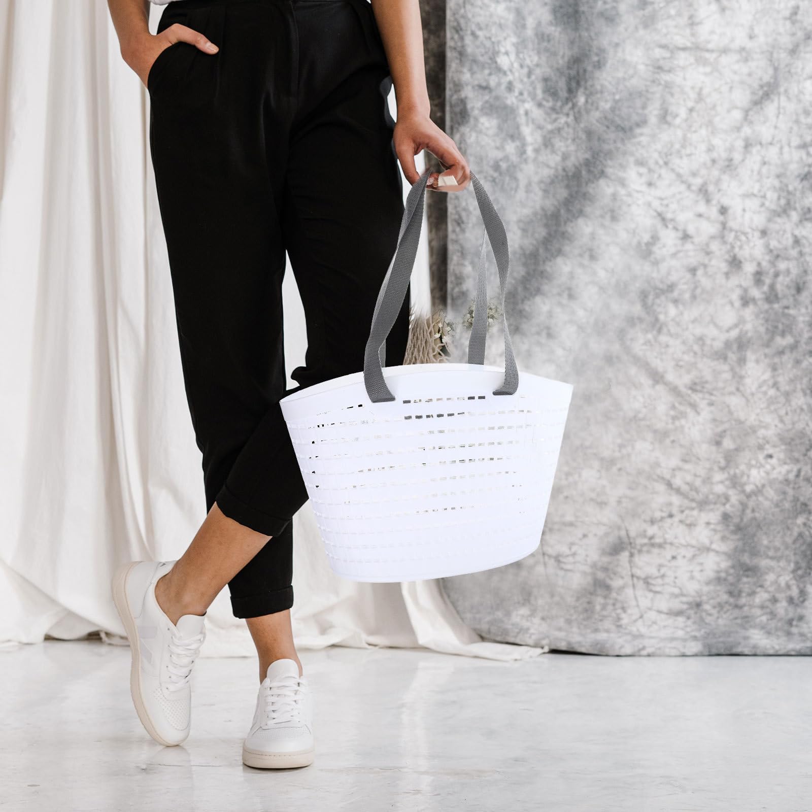 Kisangel Juego de 2 Cestas de Lavandería de Plástico Pp en Color Claro con Asa, Diseño Multifuncional para Almacenar Ropa Sucia y Juguetes, Ideales para Dormitorio y Balcón