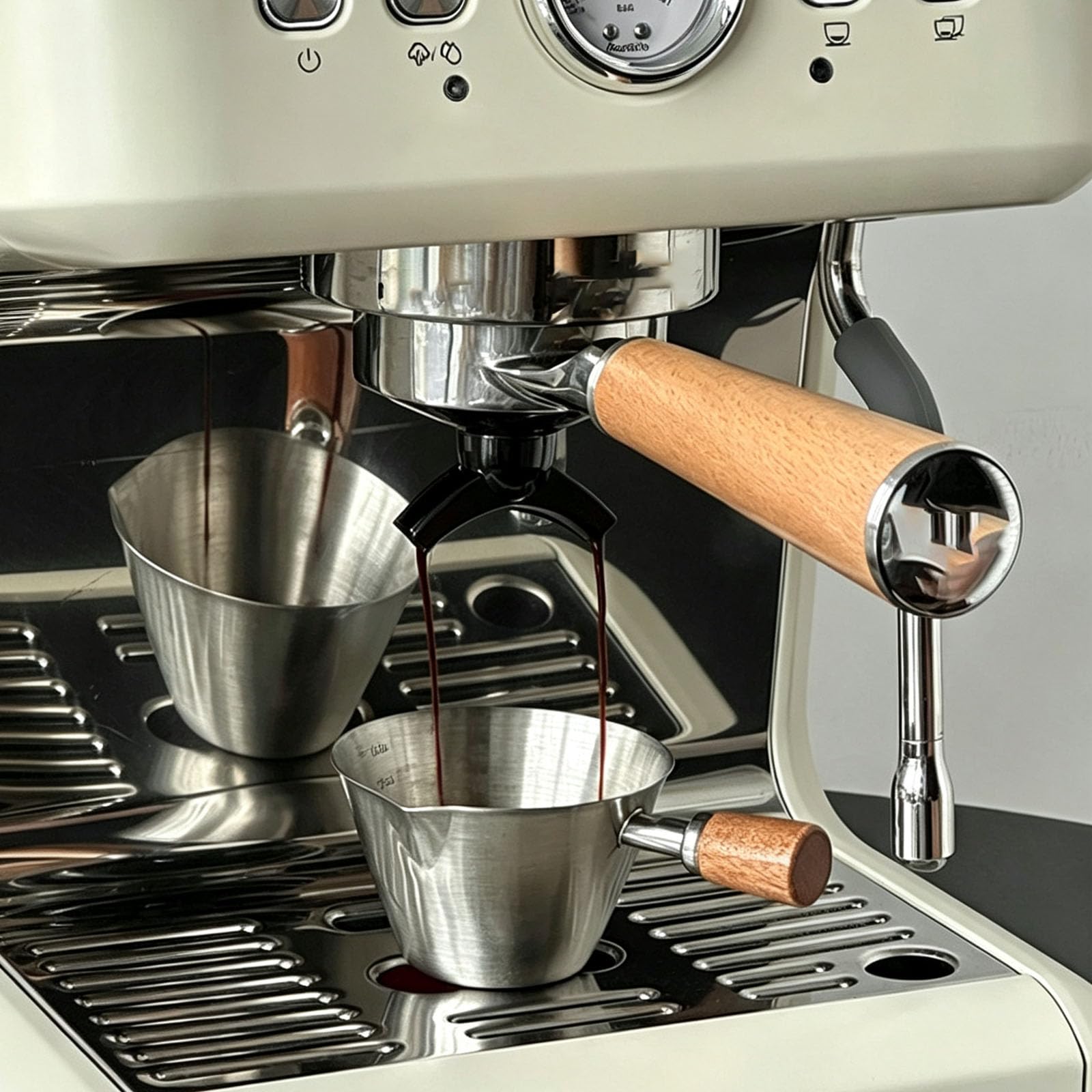 Espresso Messbecher, mit Holzgriff und Abgestufter Skala (Silver) | 100 Ml Messbecher Kaffee Edelstahl, Mit v-Förmigem Ausguss Genaue Flüssigkeitsportionskontrolle Kaffee, Desserts, Cocktails