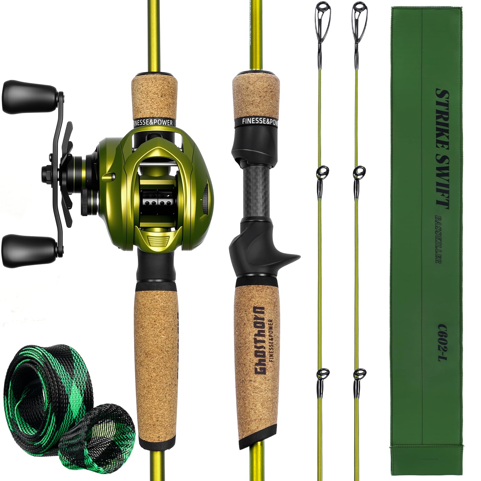 Ghosthorn Fishing Rod and Reel Combo Baitcaster Combo with IM6 Graphite Blanks & Extra Tip Section – Spinning & Casting Combos Available for Freshwater and Saltwater Anglers(1.98 m Rod cast-Left)