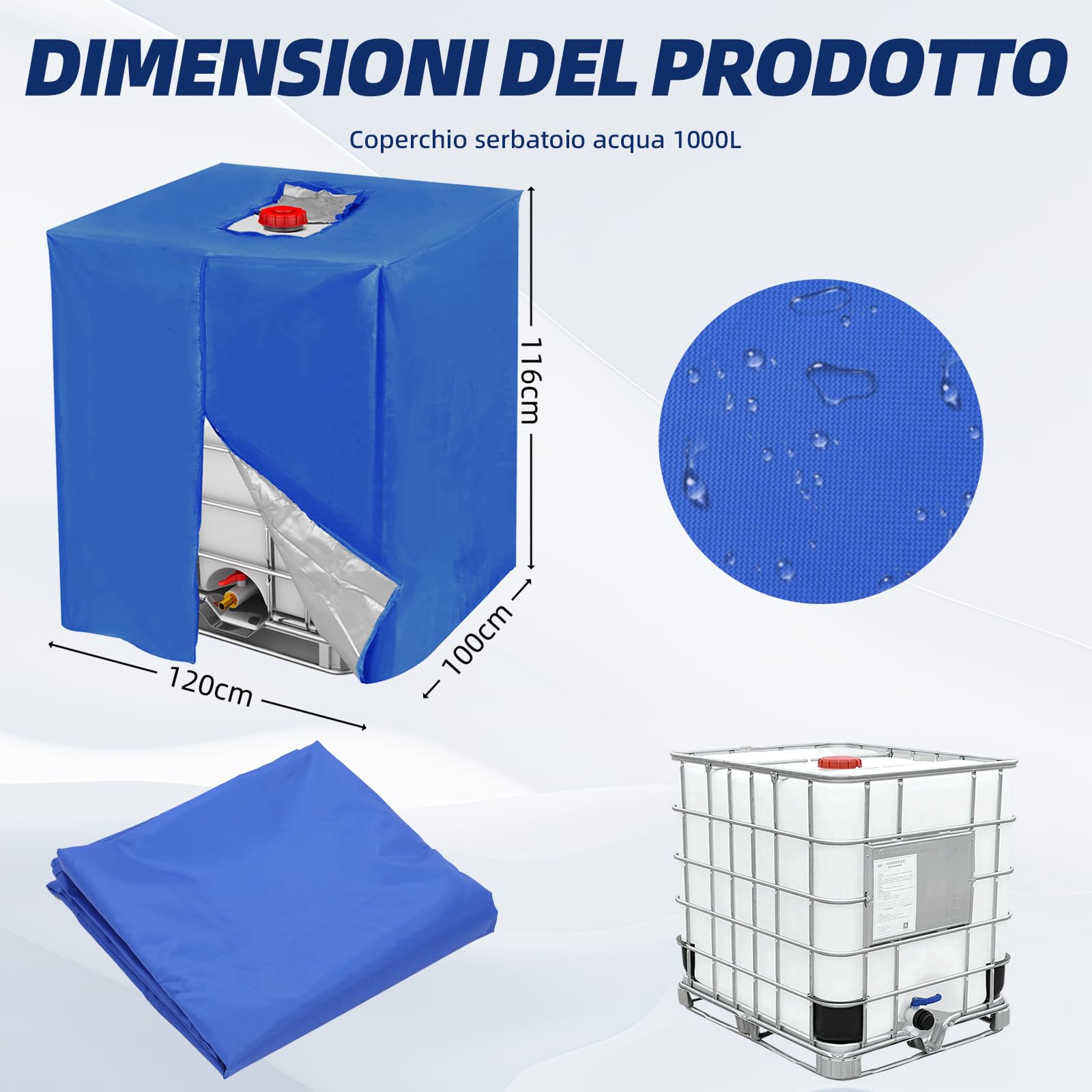 Coperchio serbatoio IBC tessuto Oxford 420D resistente UV intemperie 1000 l 120 x 100 x 116 cm