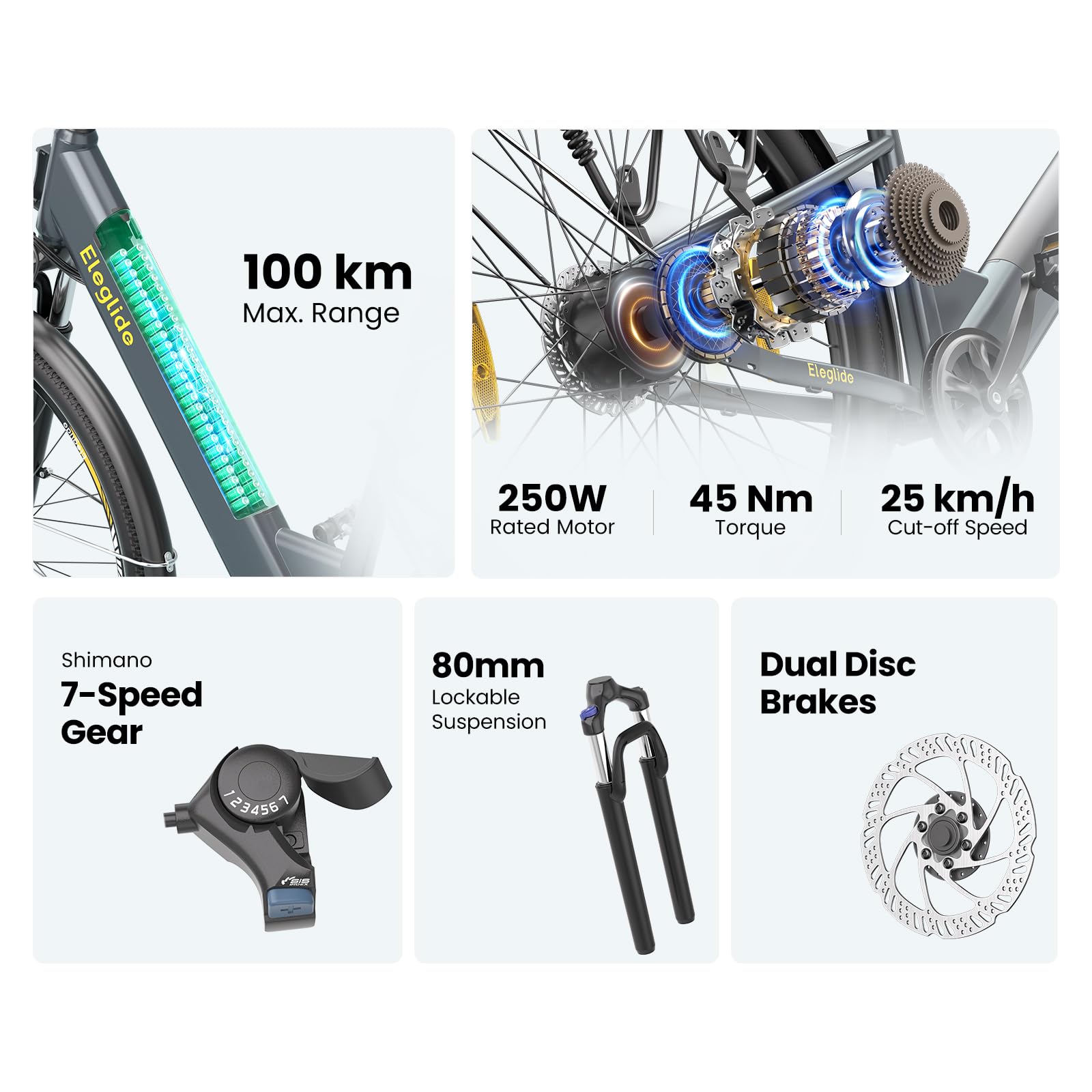 Eleglide Vélo électrique de Trekking T1 Step-Thru 27,5" Batterie Lithium 36V 13Ah 100km Moteur 250W 7 Vitesses Écran LCD