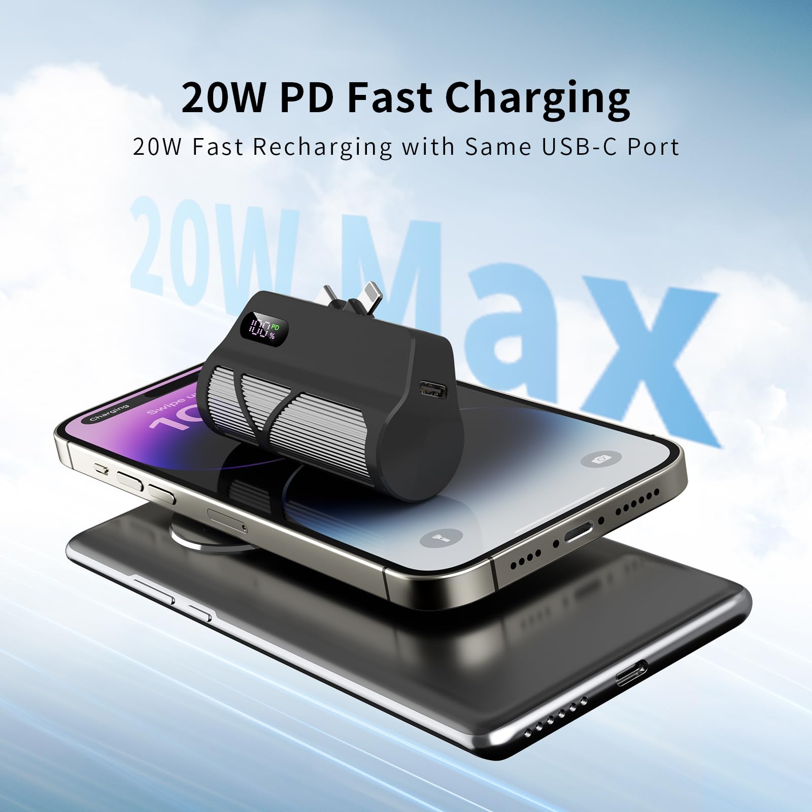 muyoudun Portable Charger Power Bank 5000mAh with Built-in Cables, PD20W Fast Charging, Dual Ports (Type-C & Apple-Compatible), Compact Design for Travel & Commuting (Black)