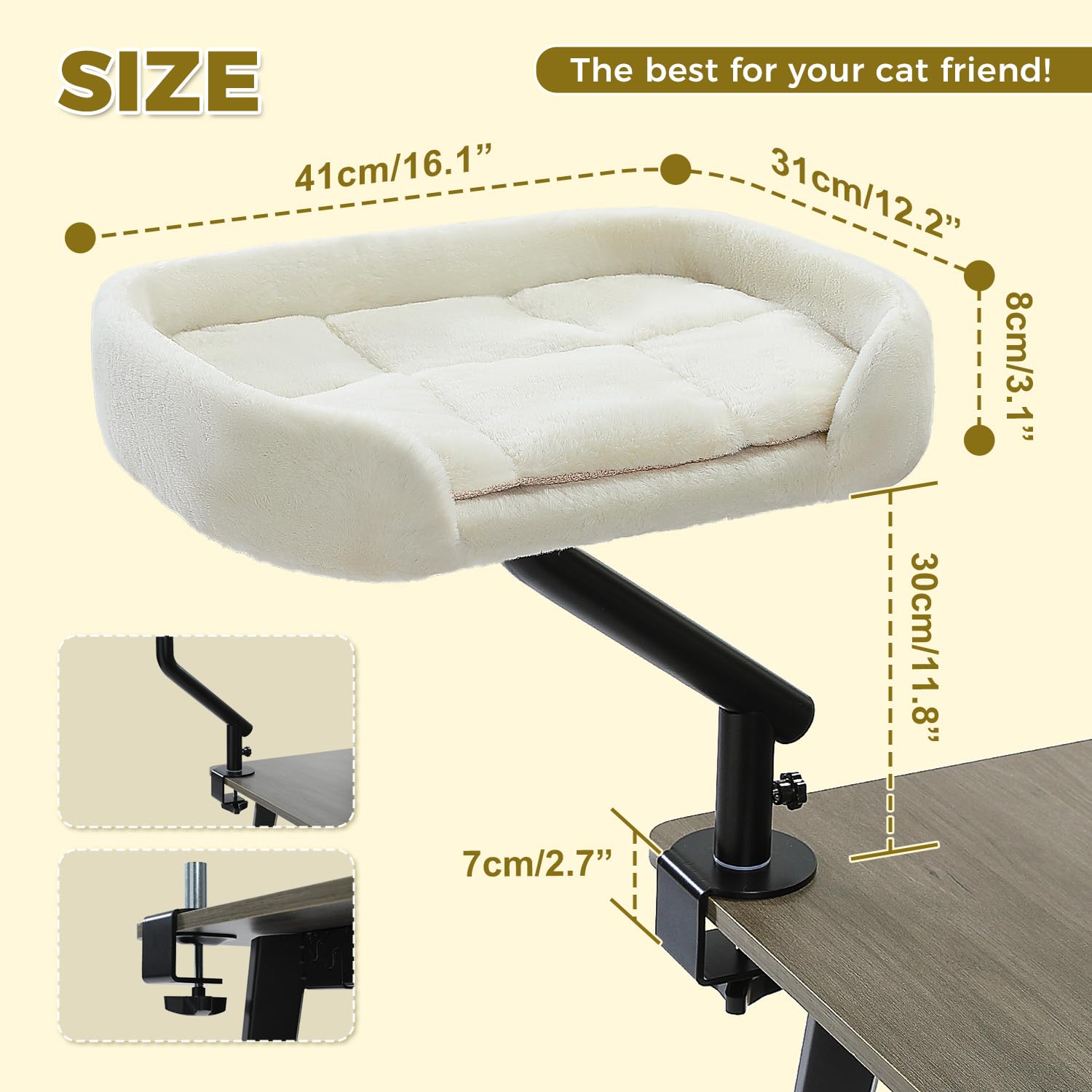 PAWZ Road Cat Desk Bed for Indoor Cats, Cat Bed for Desk Supports Up to 50 lbs, 360° Rotation & Adjustable, Nest Desktop Attachment Cats Hammock for Table, White