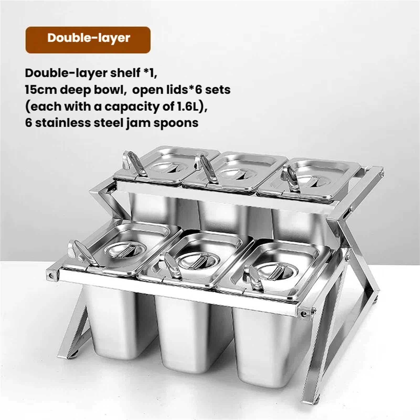 Set di contenitori per condimenti regolabili in acciaio inox con coperchi e cucchiai, perfetti per cucina, buffet, cibo e uso domestico, design durevole ed elegante